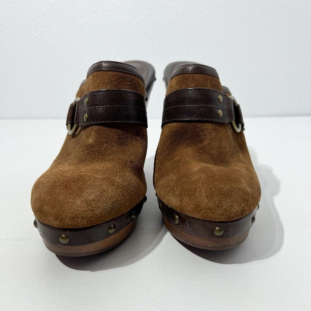 REVOLVE Ralph Lauren Brown Suede Studded Leather Clog Mules with Ring Accent - Picture 2 of 9